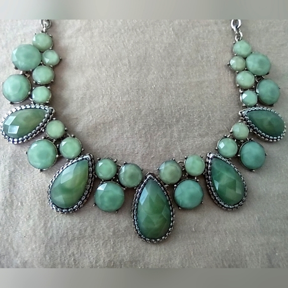 Statement Necklace - Silver and Green Faux Stone - Picture 1 of 4